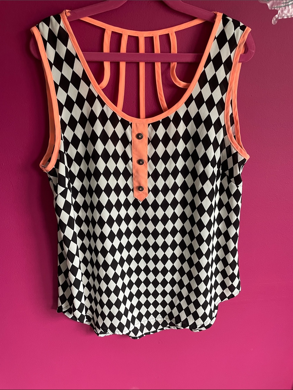 Women's Black & White Diamond Print Tank with Coral Trim